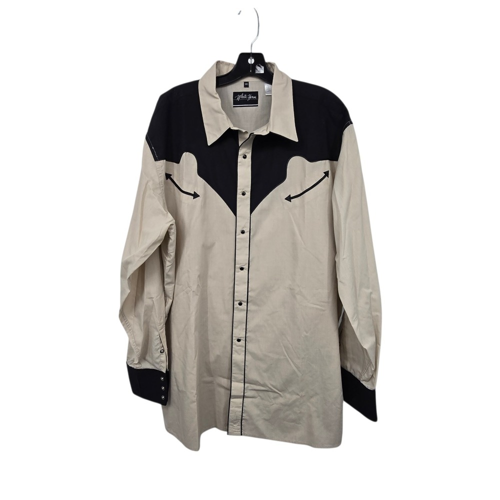 Vintage Y2K White Horse Western Pearl Snap Shirt Men's‎ XXL Black Cream Rodeo
